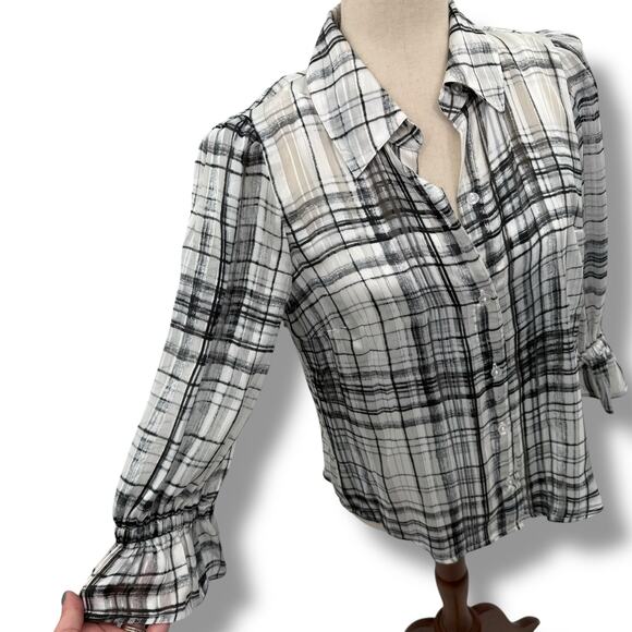 NEW BCX Plaid Layered Blouse Size Medium White Black Sheer Overlay Shirt NWT - Picture 3 of 10